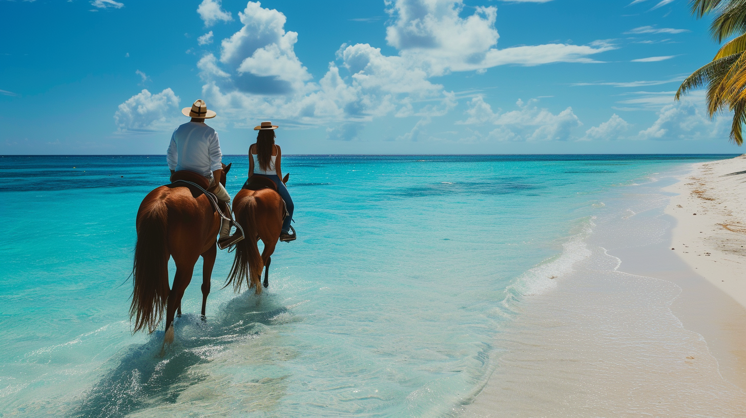 Couple Horseback riding on the beach on their honeymoon