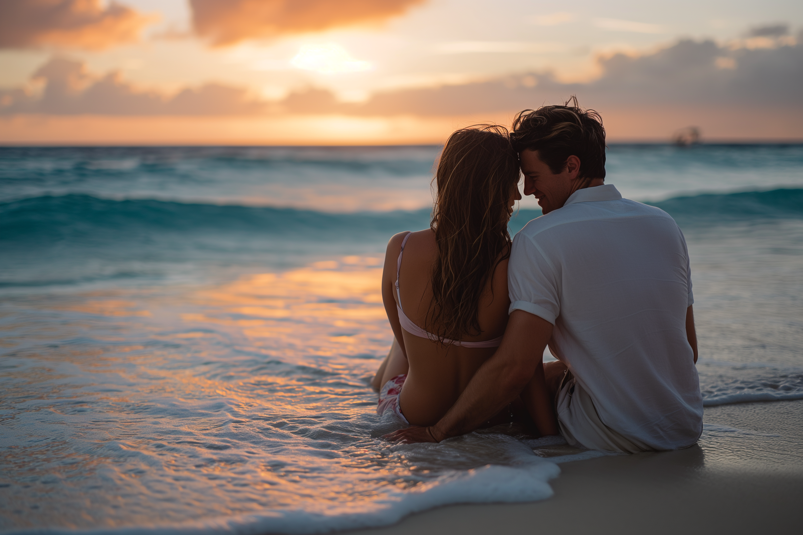 Newlyweds celebrating their honeymoon on the beach