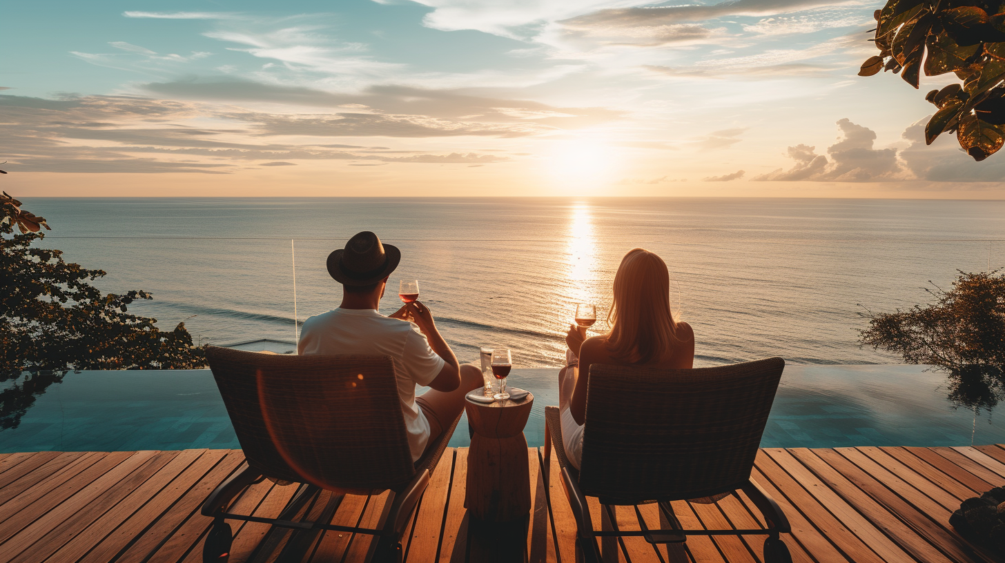 Couple on their honeymoon staring into the ocean drinking wine