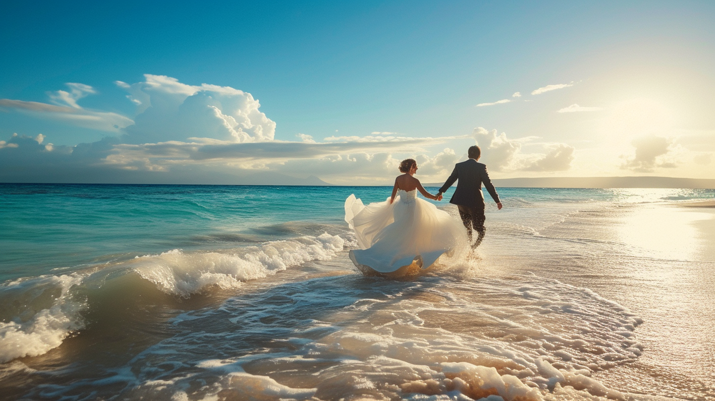 Married Couple walking on the beach at a tropical destination